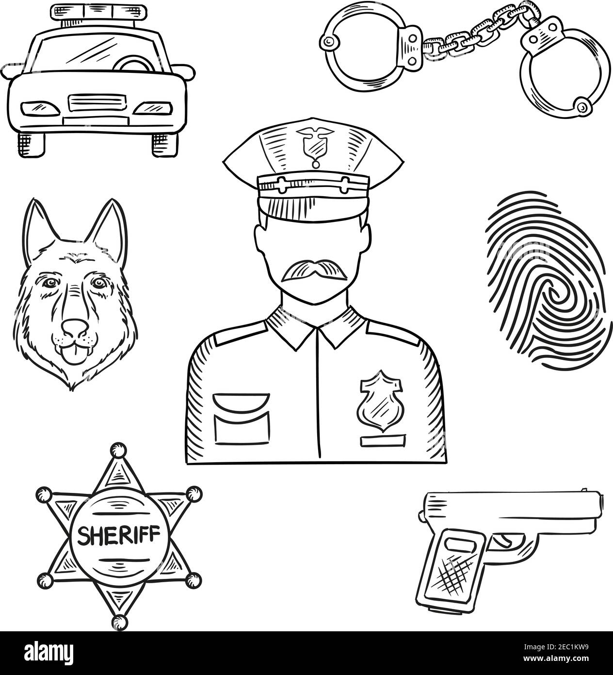 Sketch of police officer in uniform with badge and peaked hat with police  car, pistol, handcuffs, sheriff star, police dog and fingerprint. Emergency  Stock Vector Image & Art - Alamy