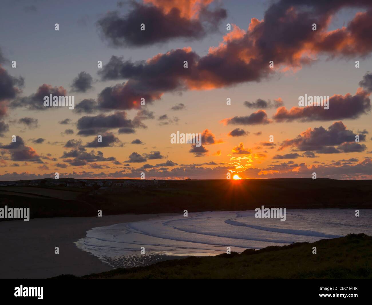 Sunset over the Gannel and Crantock, Newquay, Cornwall. Taken from Pentire Point. Stock Photo