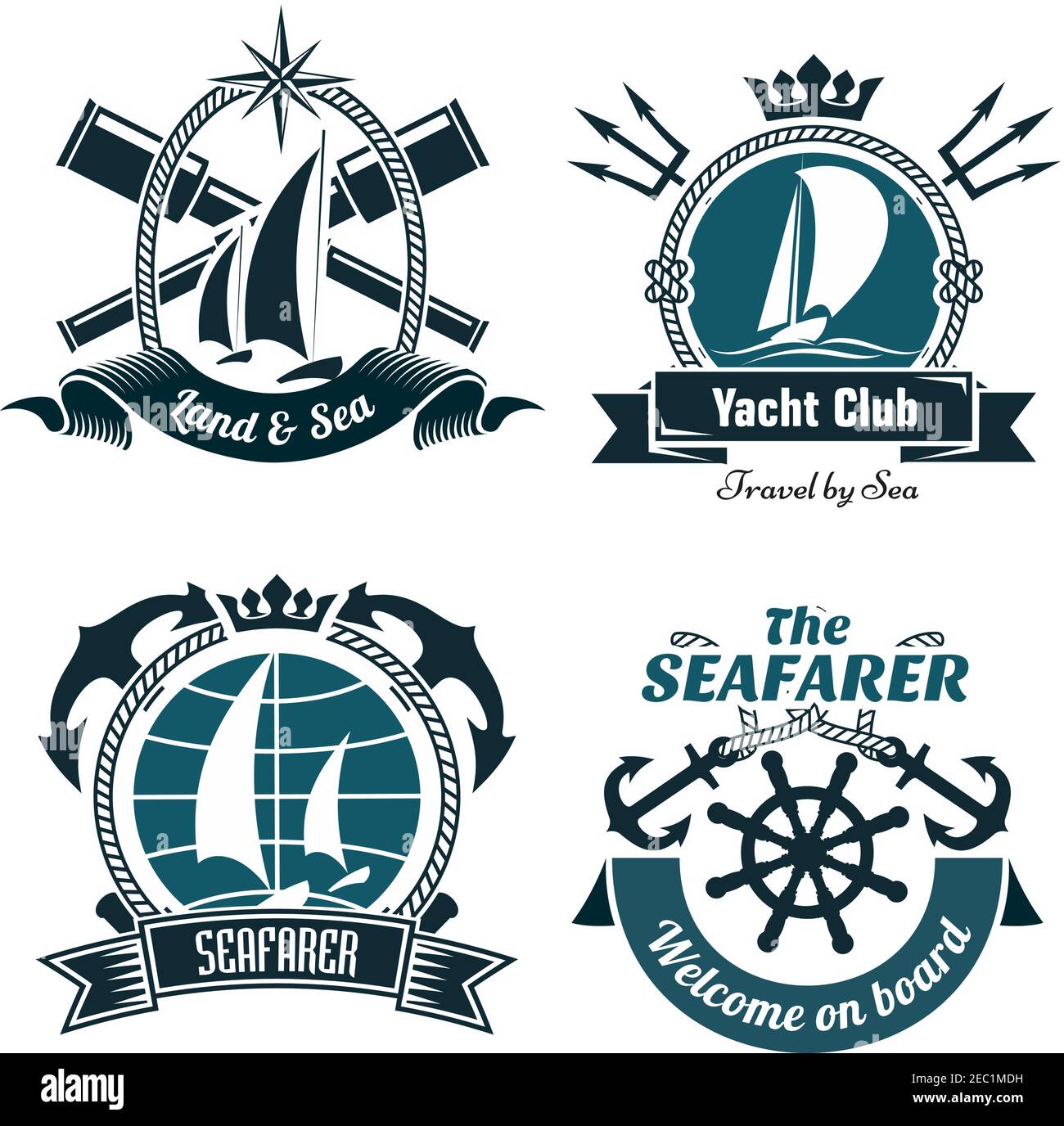 Yacht club or sailing sport retro symbols and icons with sailing boats and vintage helm, framed by crosses anchors, spyglasses and tridents with ribbo Stock Vector