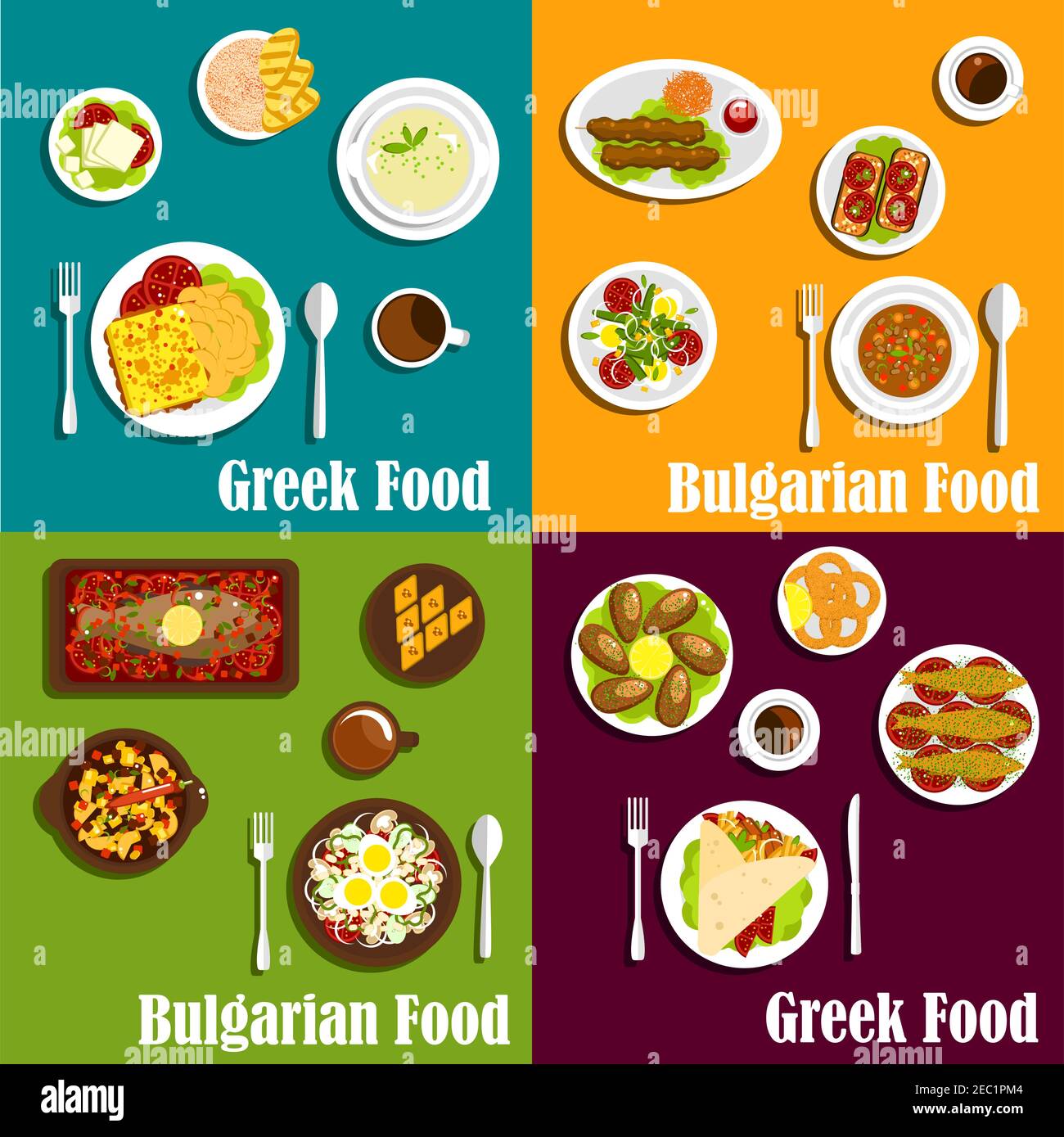 Rustic dishes of greek and bulgarian cuisine icons with gyro sandwiches and kebapche, various seafood, soups and vegetable salads, fried cheese, veget Stock Vector