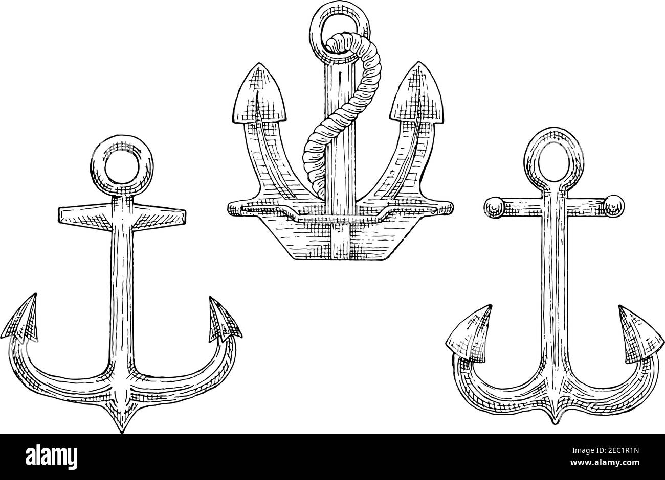 sketched navy ship anchors symbols with stockless and admiralty anchors decorated by twisted rope great for tattoo naval heraldry or marine travel 2EC1R1N
