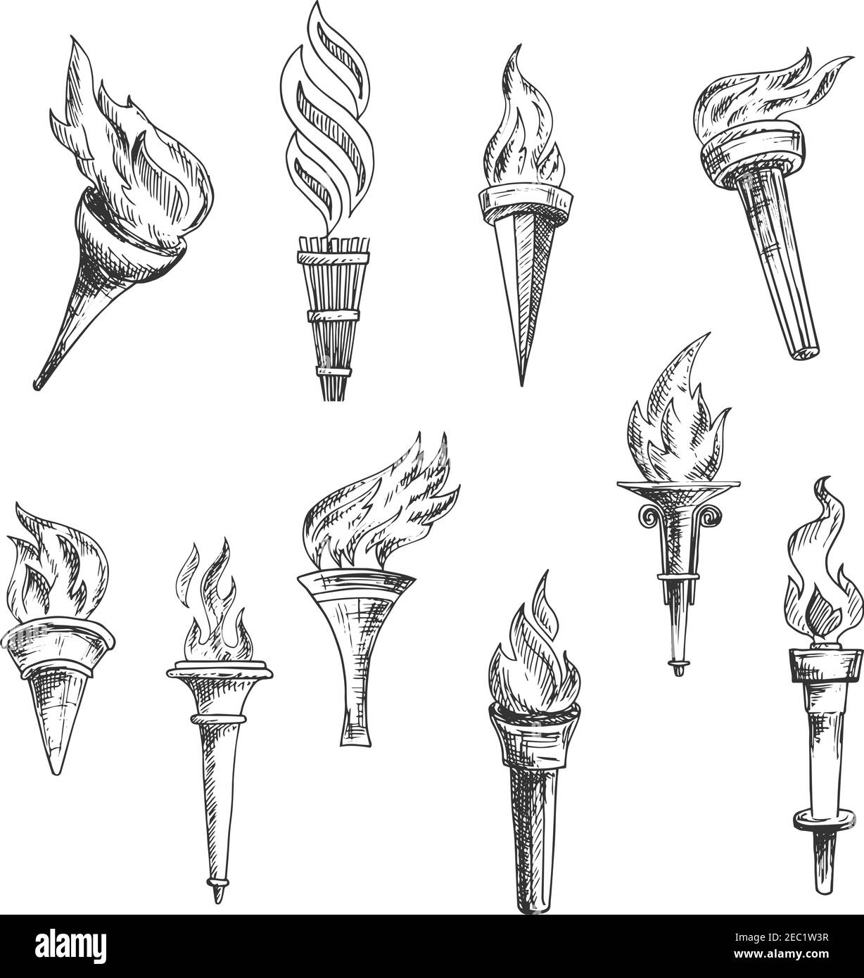 Ancient wooden torches vintage engraving sketches with ornamental swirls of burning flame. May be used as sport, religion, history or lightning equipm Stock Vector