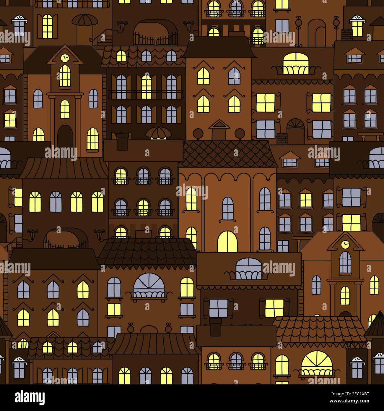 Dark streets of old town at night background with retro seamless pattern of brown houses with yellow and blue shining windows. Use as european travel Stock Vector