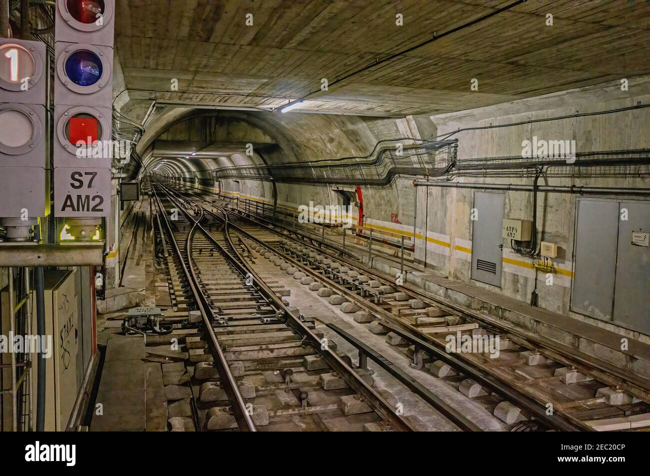 Underground tunnel for the subway leading deep down. Tube metro