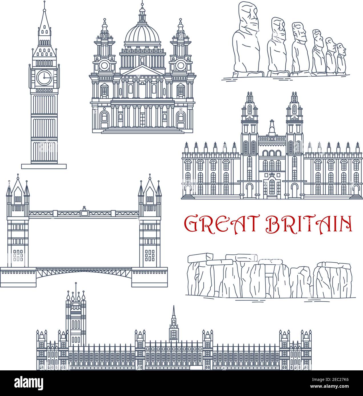 Linear architecture and historical landmarks of Great Britain and Chile for travel and tourism design with thin line icons of Big Ben, Stonehenge, Tow Stock Vector
