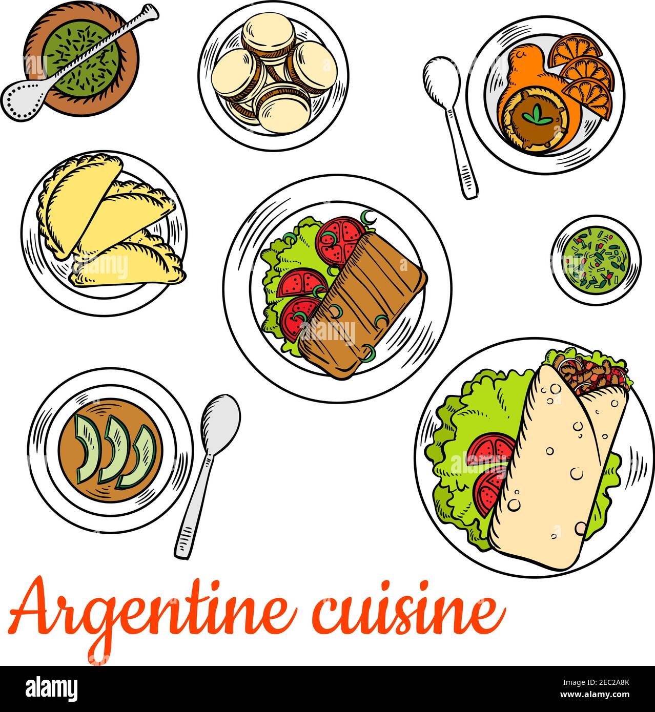 Argentine fast food steak wraps, served with dishes of national cuisine such as asado short ribs, empanadas, chimichurri sauce, vegetarian cream soup Stock Vector
