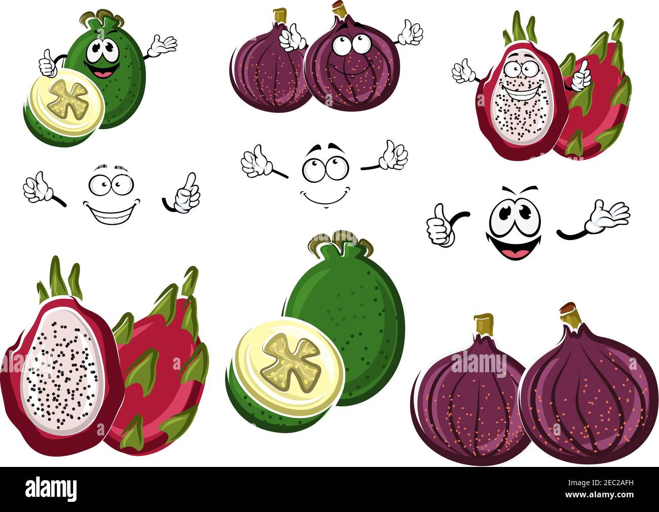 Happy exotic sweet fig, ripe feijoa and juicy pitaya fruits cartoon characters. May be use as agriculture, vegetarian dessert recipe, tropical cocktai Stock Vector