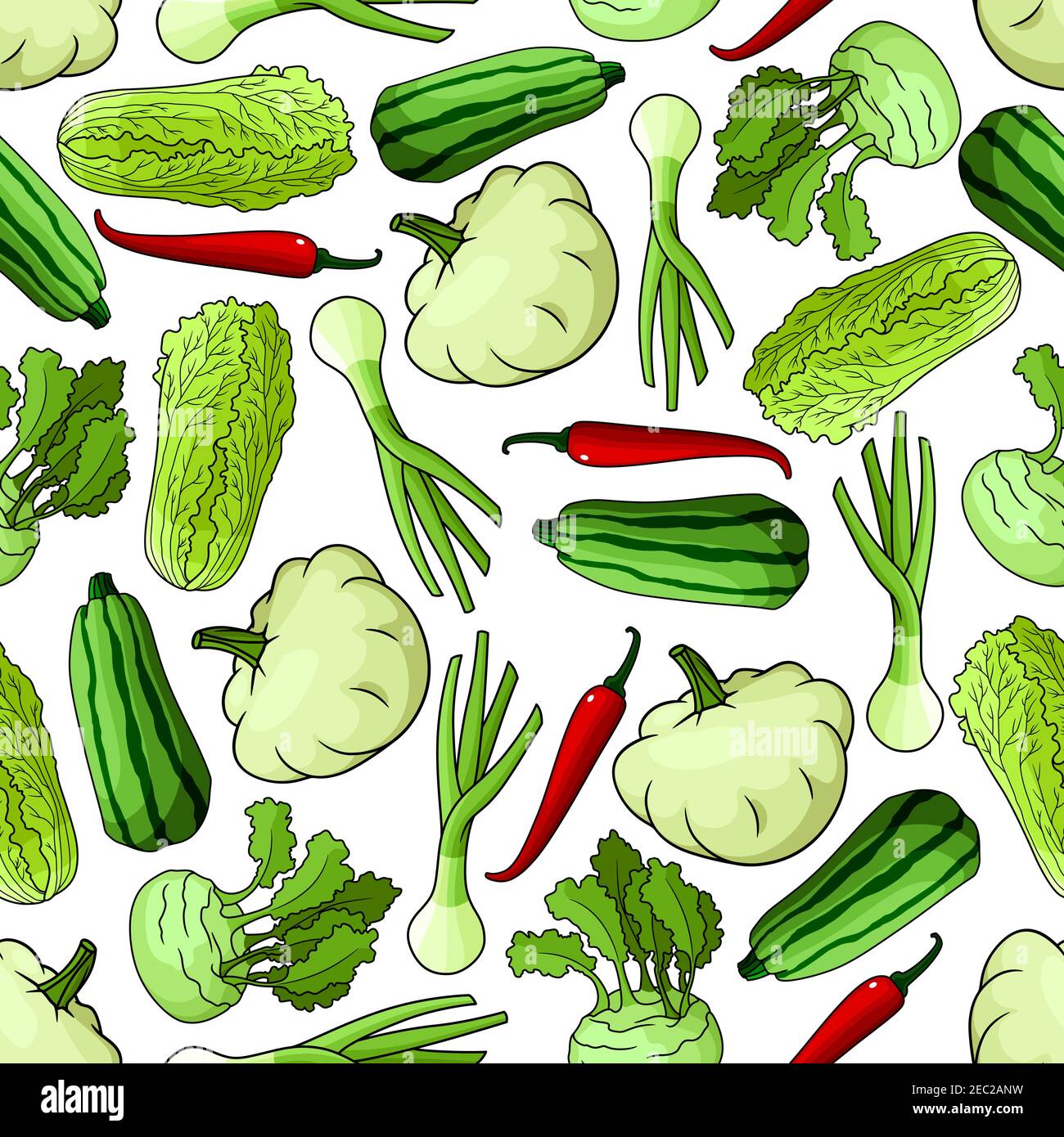 Bright spring vegetables seamless pattern with green onions, striped zucchini, chinese cabbages, red chilli peppers, kohlrabi and pattypan squashes ov Stock Vector
