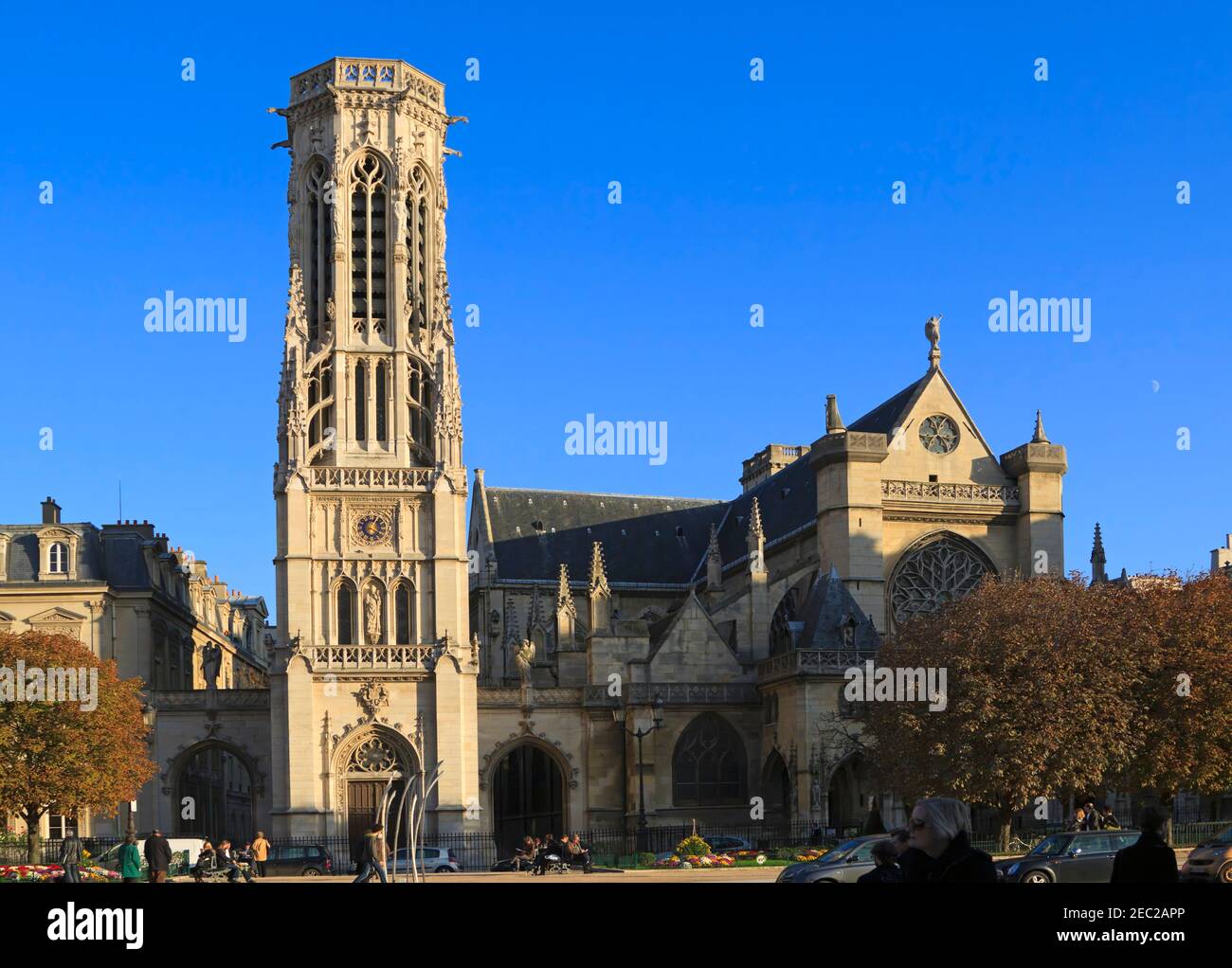 St Germain l'Auxerrois and the neo-Gothic belltower of the town hall of the 1st arrondissement,, Paris, France. Stock Photo