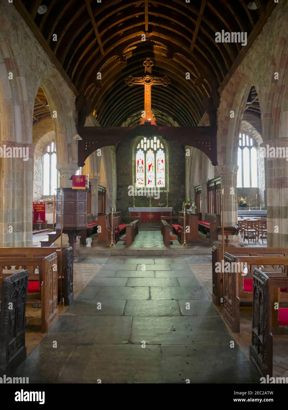 Interior of the Parish Church of St Akeveranus, St Keverne, Cornwall. 15th century church in a small Cornish village. Stock Photo