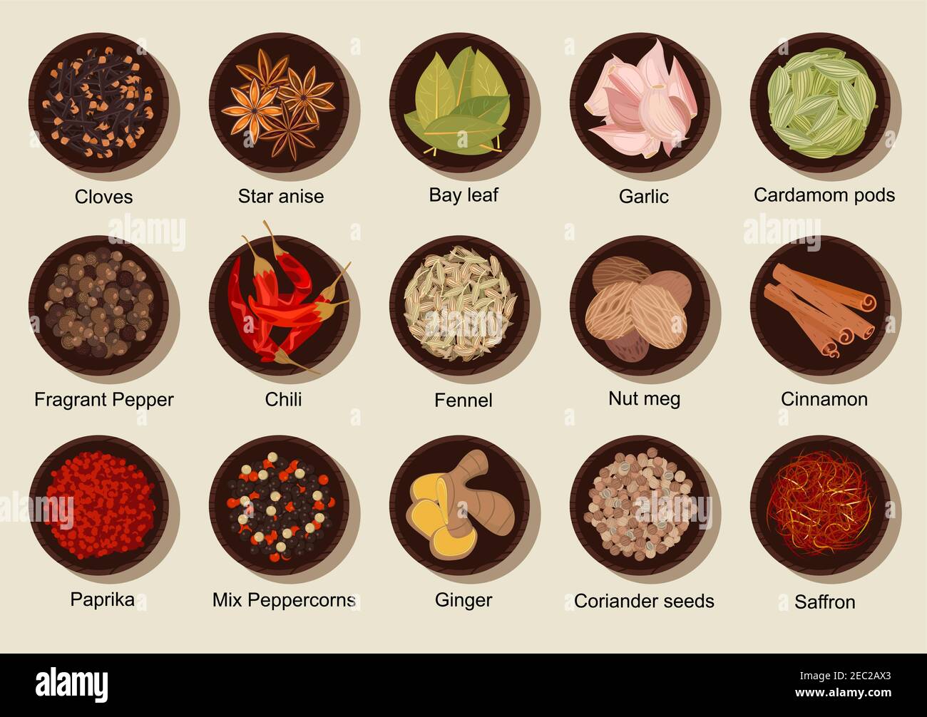 Fresh and dried cinnamon, ginger, garlic, chili, cloves, nutmeg, anise