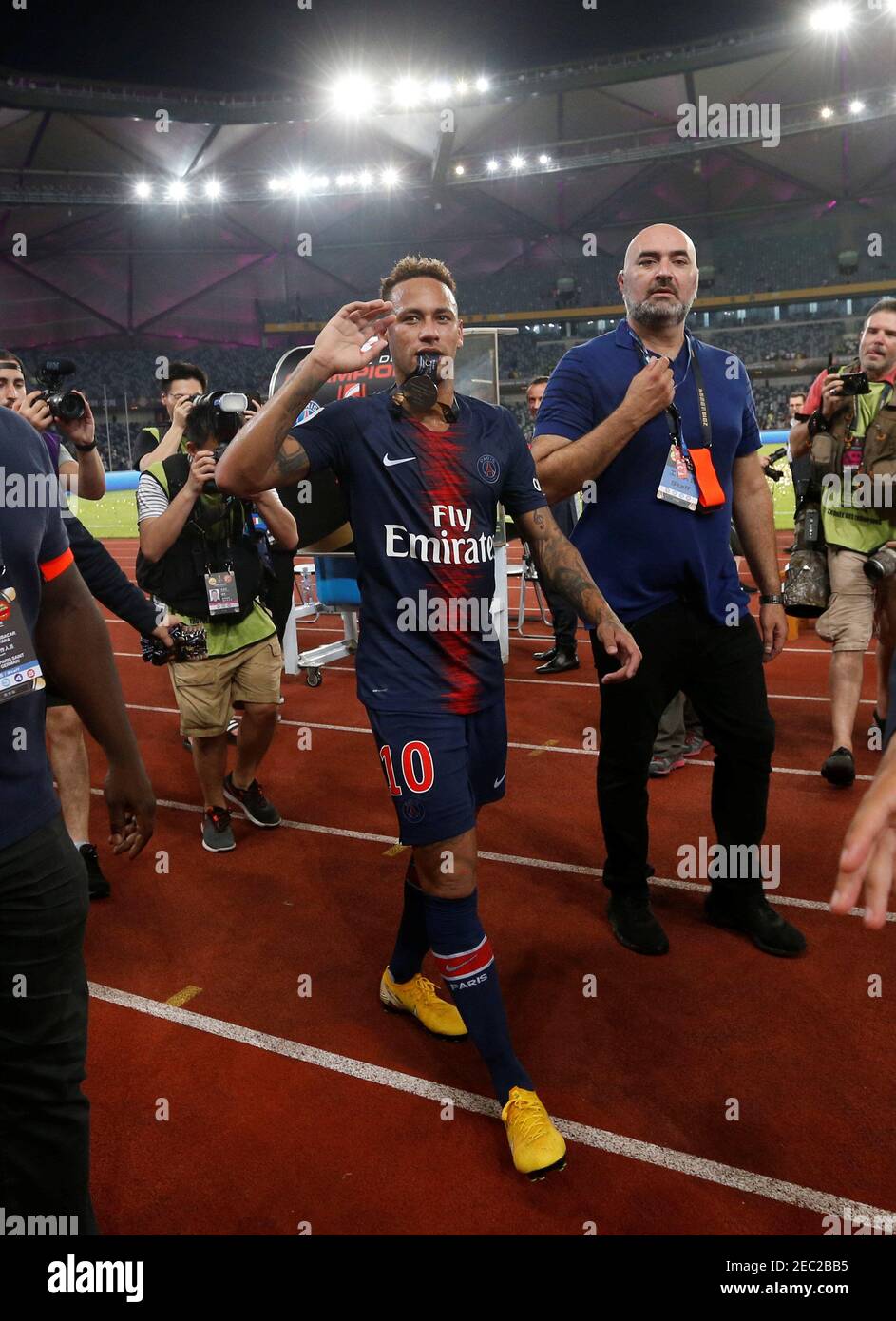 Soccer Football - French Super Cup Trophee des Champions - Paris St Germain v AS Monaco - Shenzhen Universiade Sports Centre, Shenzhen, China - August 4, 2018   Paris St Germain's Neymar celebrates after winning the French Super Cup   REUTERS/Bobby Yip Stock Photo