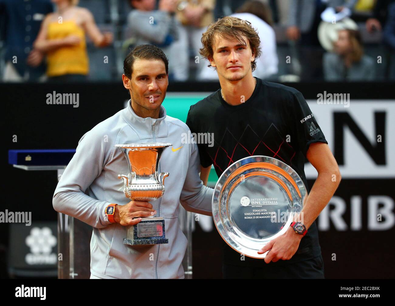 Tennis - ATP World Tour Masters 1000 - Italian Open - Foro Italico, Rome,  Italy - May 20, 2018 Spain's Rafael Nadal poses with the winners trophy and  Germany's Alexander Zverev poses