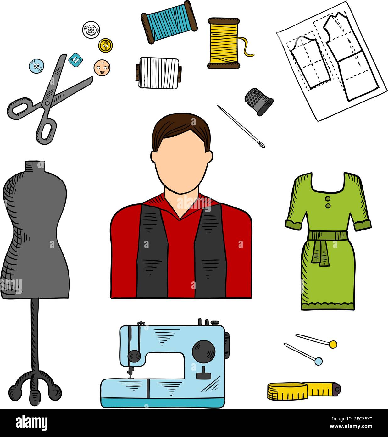 Fashion designer with sewing tools symbol for professions of service  industry design with scissors, needles and pins, threads, sewing machine,  mannequ Stock Vector Image & Art - Alamy