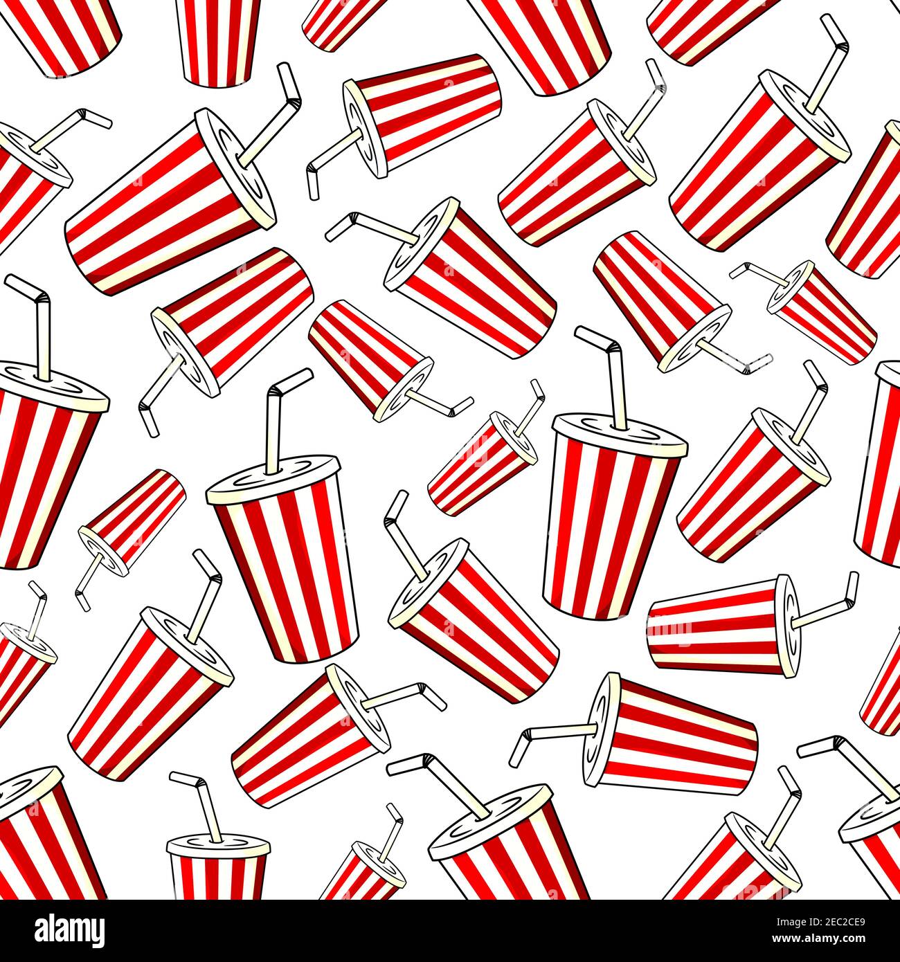 Takeaway soft drinks background with seamless pattern of red and white striped paper cups of sweet soda with caps and drinking straws. Fast food, cafe Stock Vector