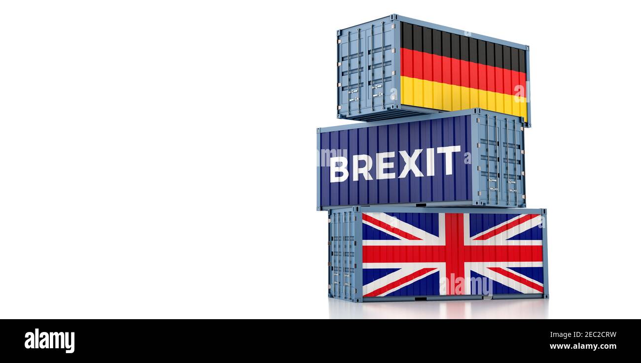 Freight containers with German and United Kingdom flag. 3D Rendering Stock Photo
