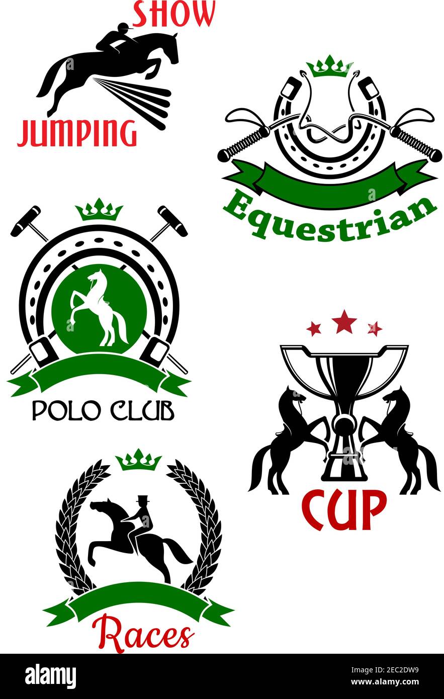 Horse races, show jumping, polo club and equestrian sport competitions symbols of jumping and rearing up horses with riders, trophy cup, dressage whip Stock Vector