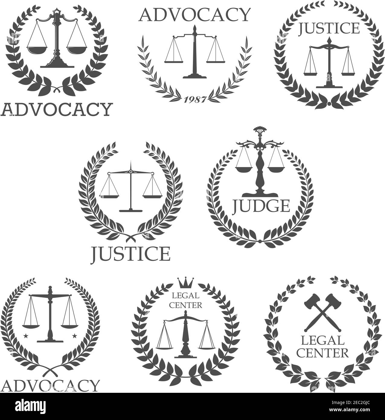 Legal protection and lawyer services design templates with crossed judge gavels and scales of justice, framed by laurel wreaths and text Advocacy, Jus Stock Vector