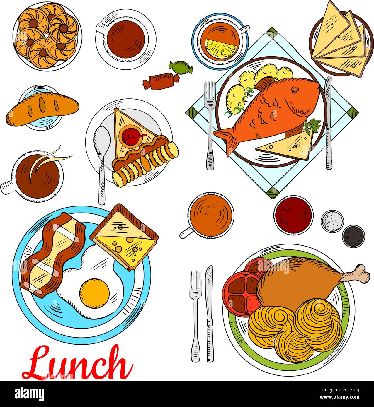 Healthy lunch menu icon with colorful sketches of fried egg with bacon and toast with cheese, baked fish, served with potato, pasta with tomatoes and Stock Vector