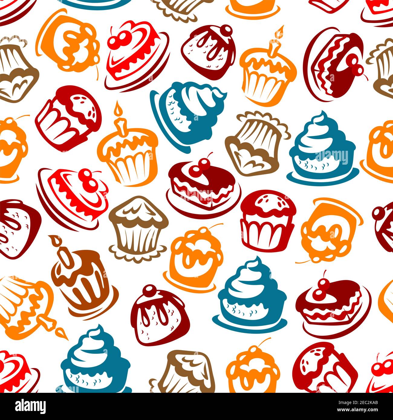 Colorful seamless birthday cakes pattern for celebration party and festive backdrop design with bright sketches of cakes, cupcakes, berry pies and muf Stock Vector