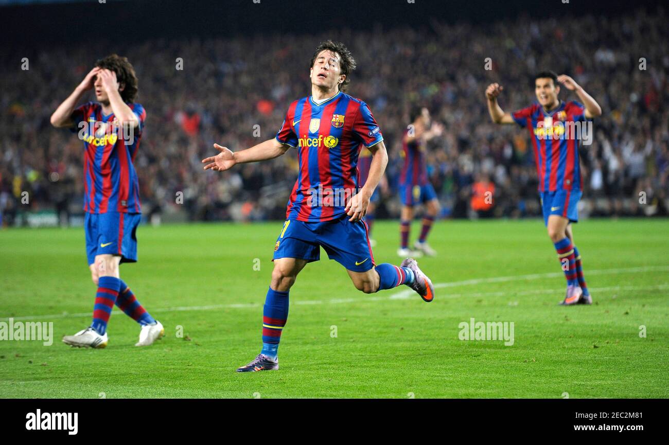 Football - FC Barcelona v Inter Milan UEFA Champions League Semi Final  Second Leg - The Nou Camp, Barcelona, Spain - 09/10 - 28/4/10 Barcelona's  Bojan Krkic is dejected as his goal