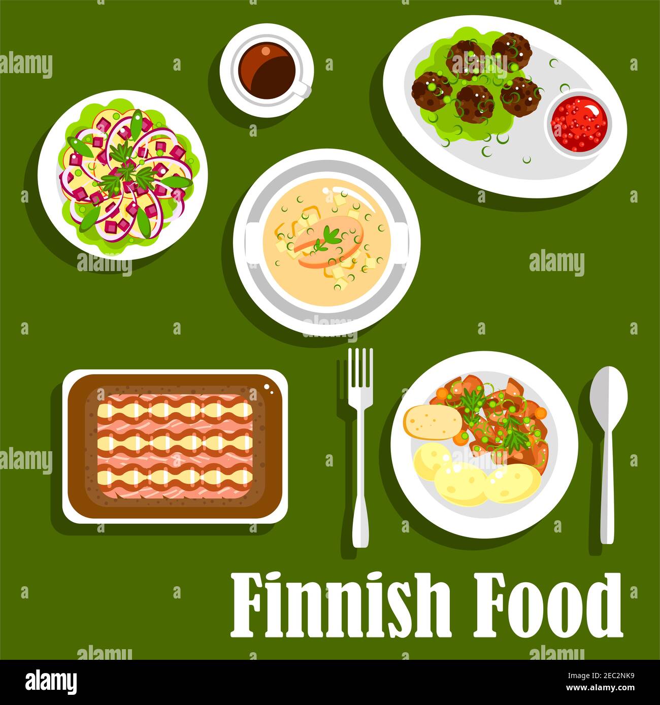 Traditional finnish fish rye pie kalakukko icon, served with salmon cream soup, boiled young potatoes with reindeer stew, meatballs, lingonberry jam, Stock Vector