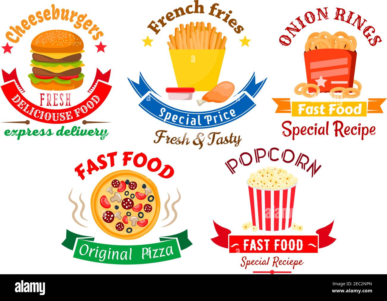 Colorful cartoon takeaway dishes symbols for fast food design with ...