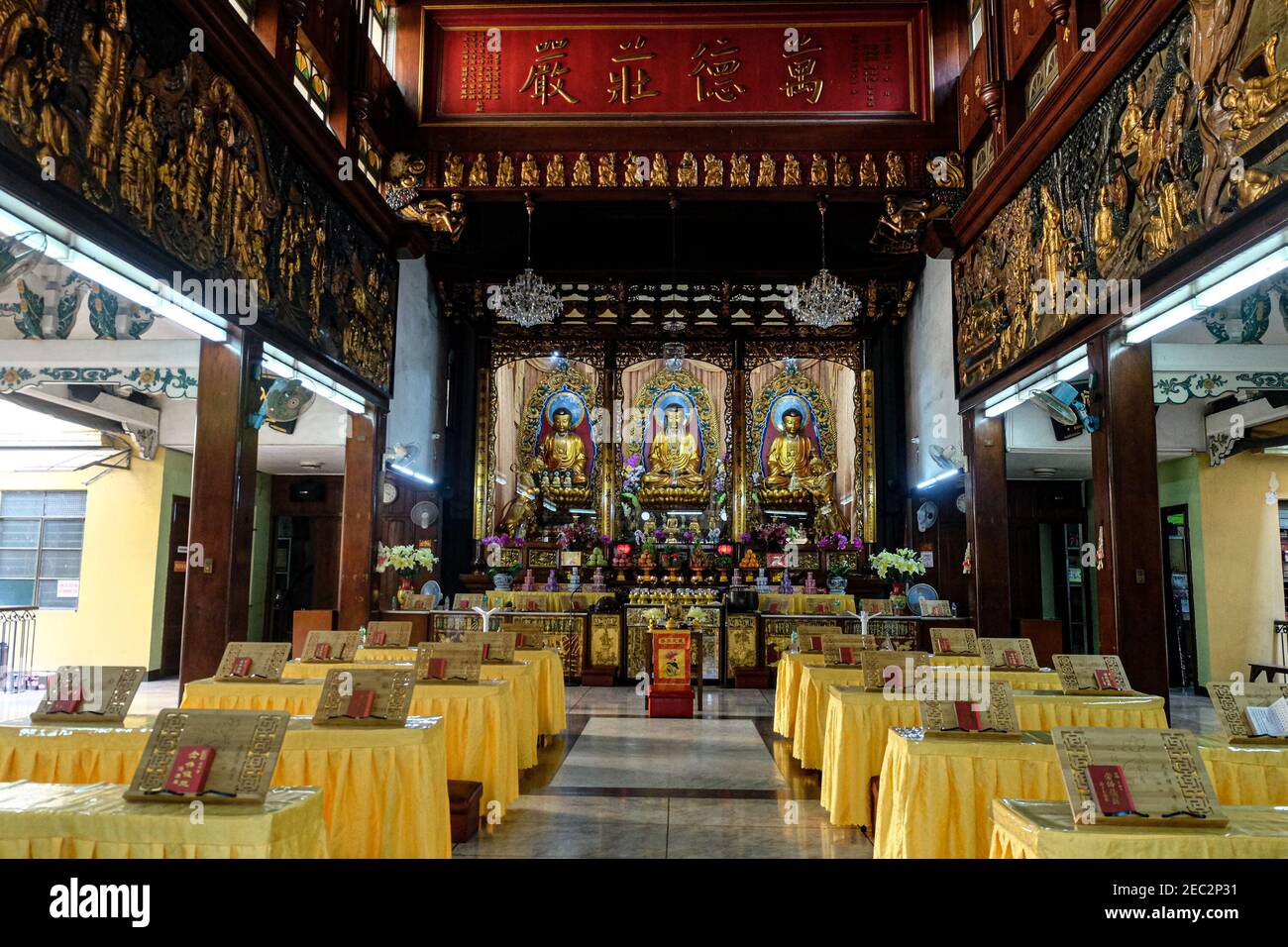Ongpin St., Binondo, Manila, Philippines. 13th Feb, 2021. Empty seats as seen inside Seng Guan Buddhist Temple in Divisoria, Tondo Manila during the Chinese New Year. This is the first Buddhist temple in the country and usually people flock this place during Chinese New Year. Credit: Majority World CIC/Alamy Live News Stock Photo