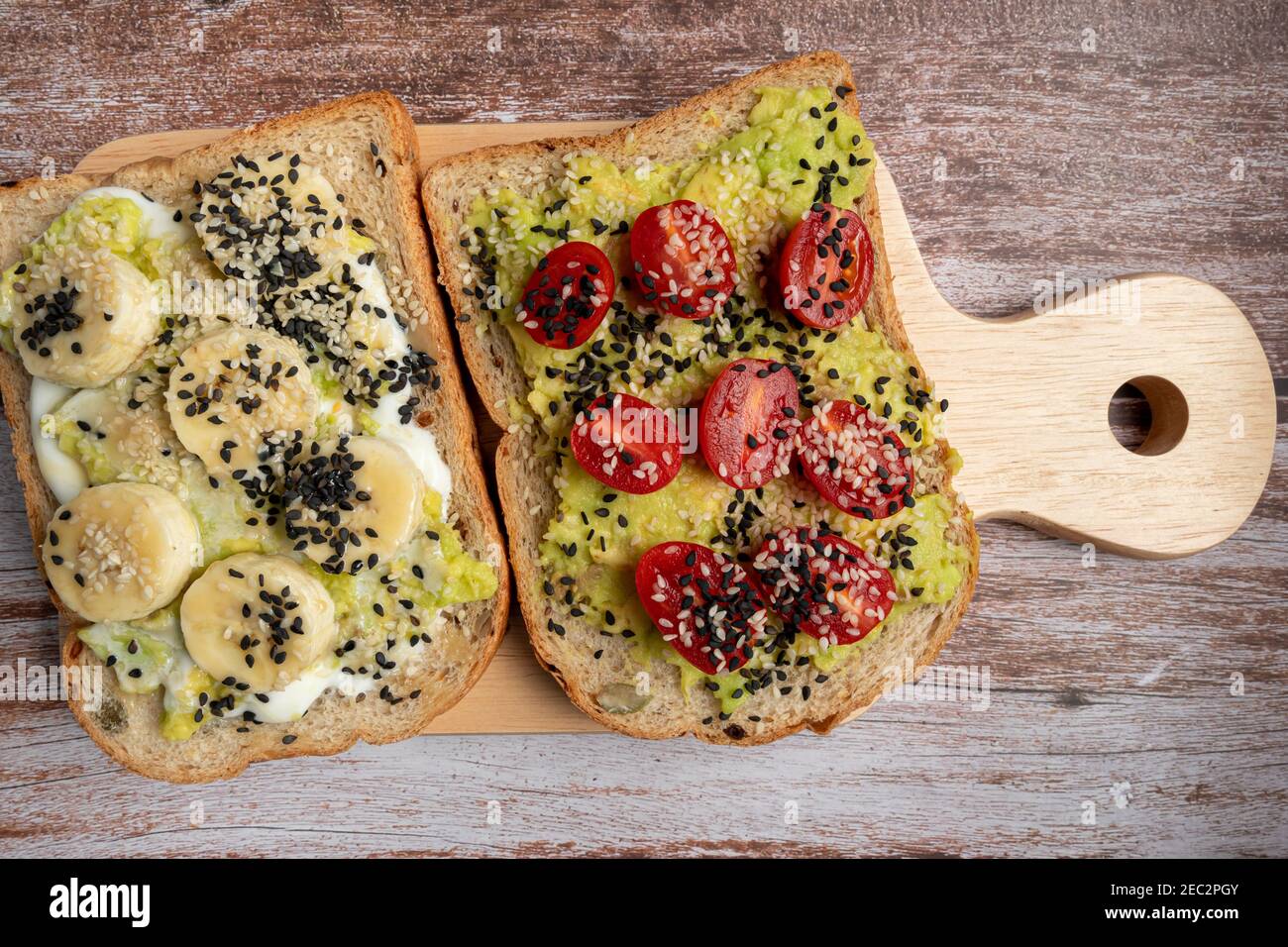Healthy breakfast toasts with Avocado toast, tomato, banana, Yoghurt
