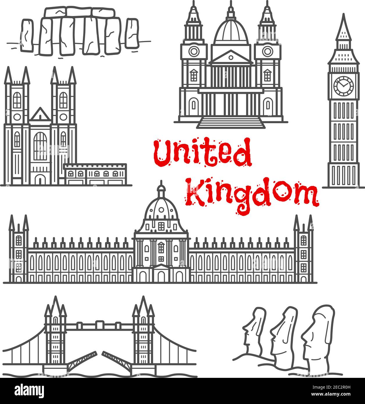 British and chilean architecture landmarks and historical attractions isolated sketch icons with Big Ben, Tower Bridge, Stonehenge, moai stone figures Stock Vector