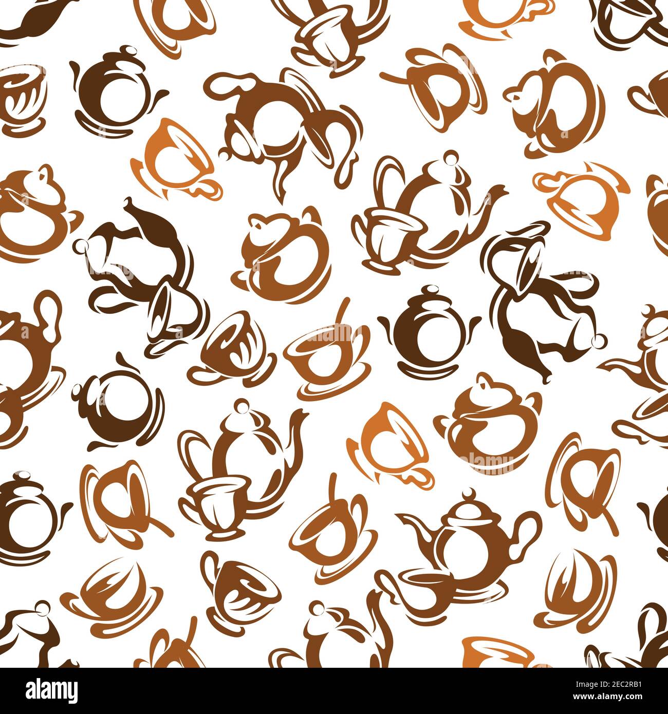 Brown and grey tea party retro background with sketch seamless pattern of vintage tea sets composed of teapots, sugar bowls and cups with saucers. Kit Stock Vector