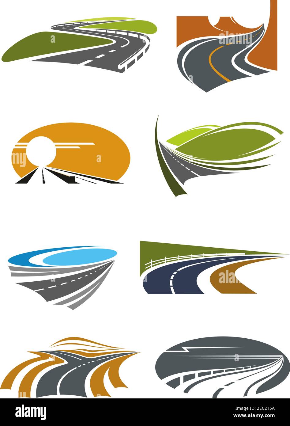 Road landscapes icons for travel theme and car trip design usage with mountain and coastal highways, country and desert roads with steep turns and for Stock Vector