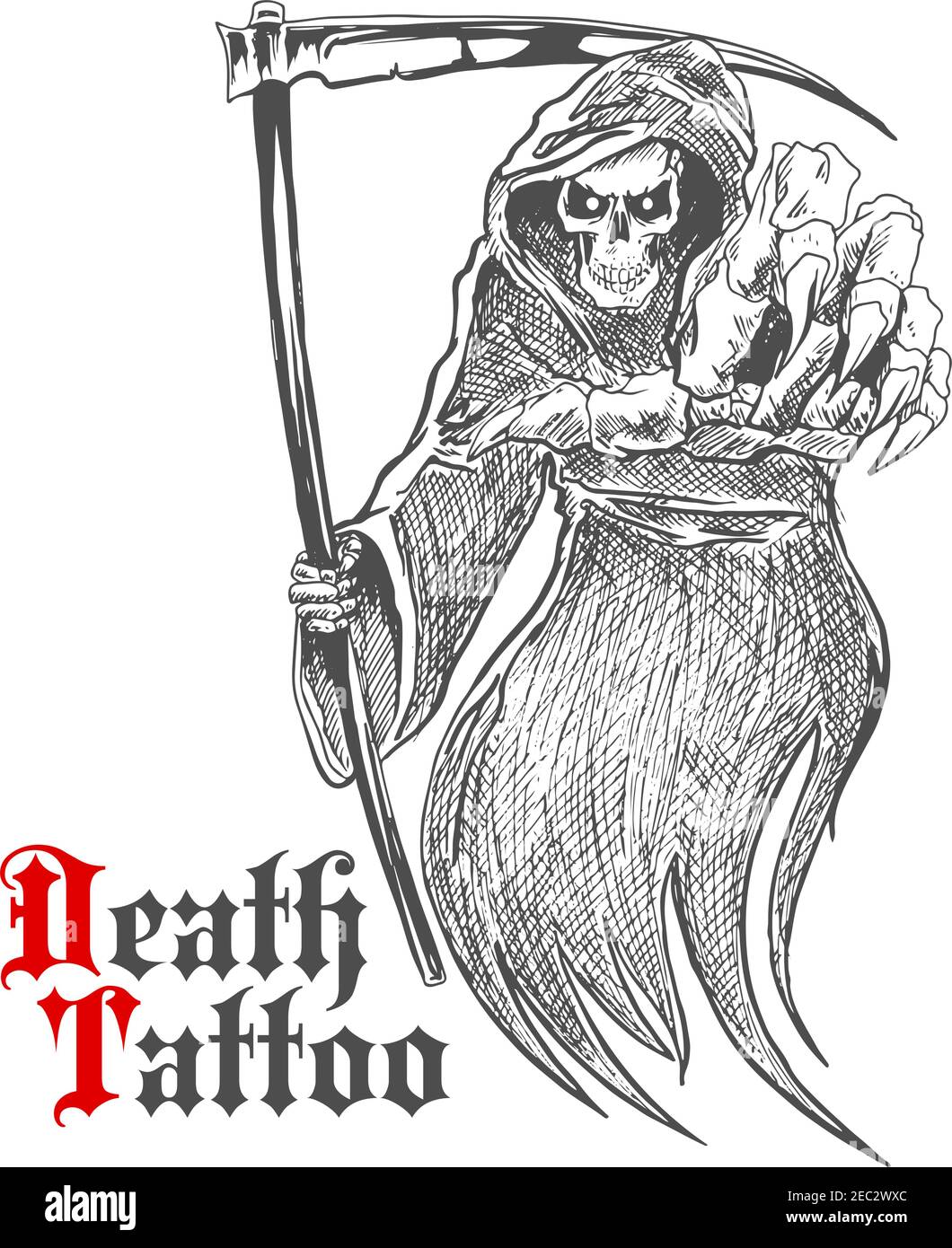 Sketch cartoon dreadful grim reaper in old hooded cloak with scythe  pointing at viewer. Death or skeleton monster character for t-shirt print  or tatto Stock Vector Image & Art - Alamy