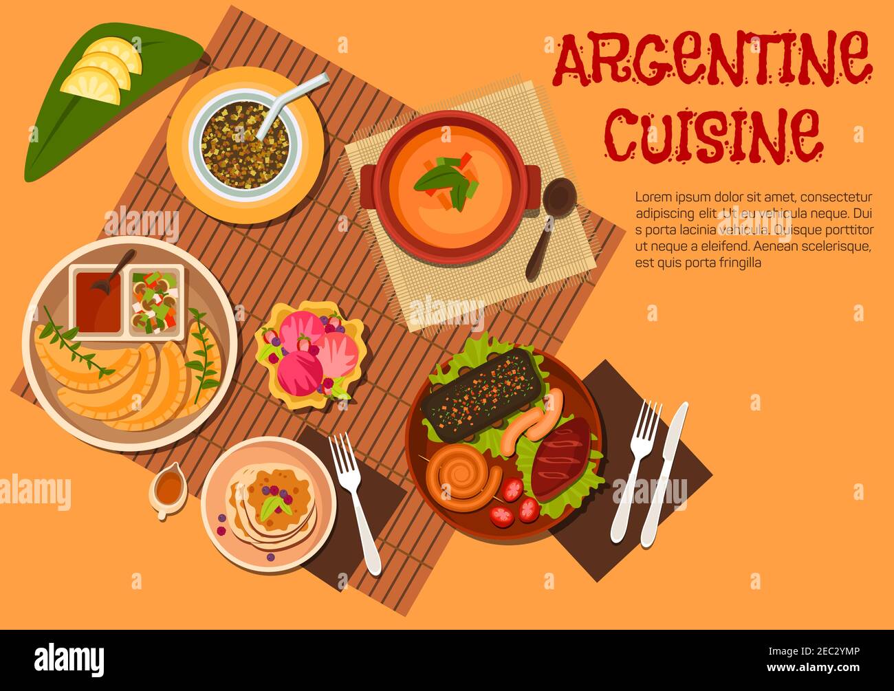 Argentine asado dishes icon with grilled beef steak, sausages and liver, empanadas with ketchup and marinated vegetables dressing, lentil soup and mat Stock Vector