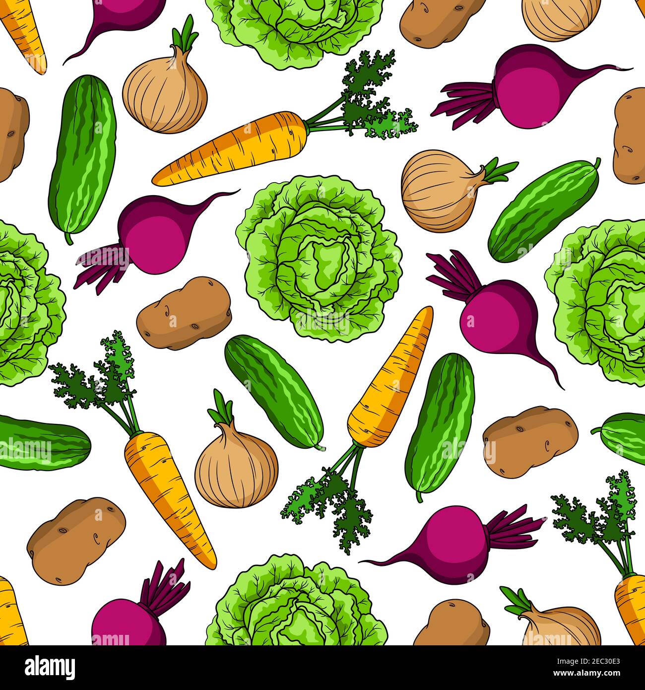 Healthy vegetarian pattern with seamless cartoon ornament of vivid green cabbages and cucumbers, juicy orange carrots and onions with fresh leaves, pu Stock Vector
