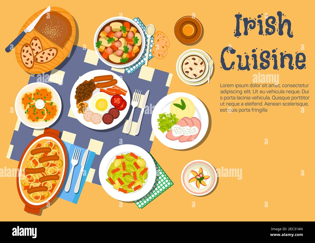 Nourishing and comfort irish food flat icon with potato pancakes boxty and irish stew coddle, full breakfast with beer, brussels sprouts bacon salad a Stock Vector