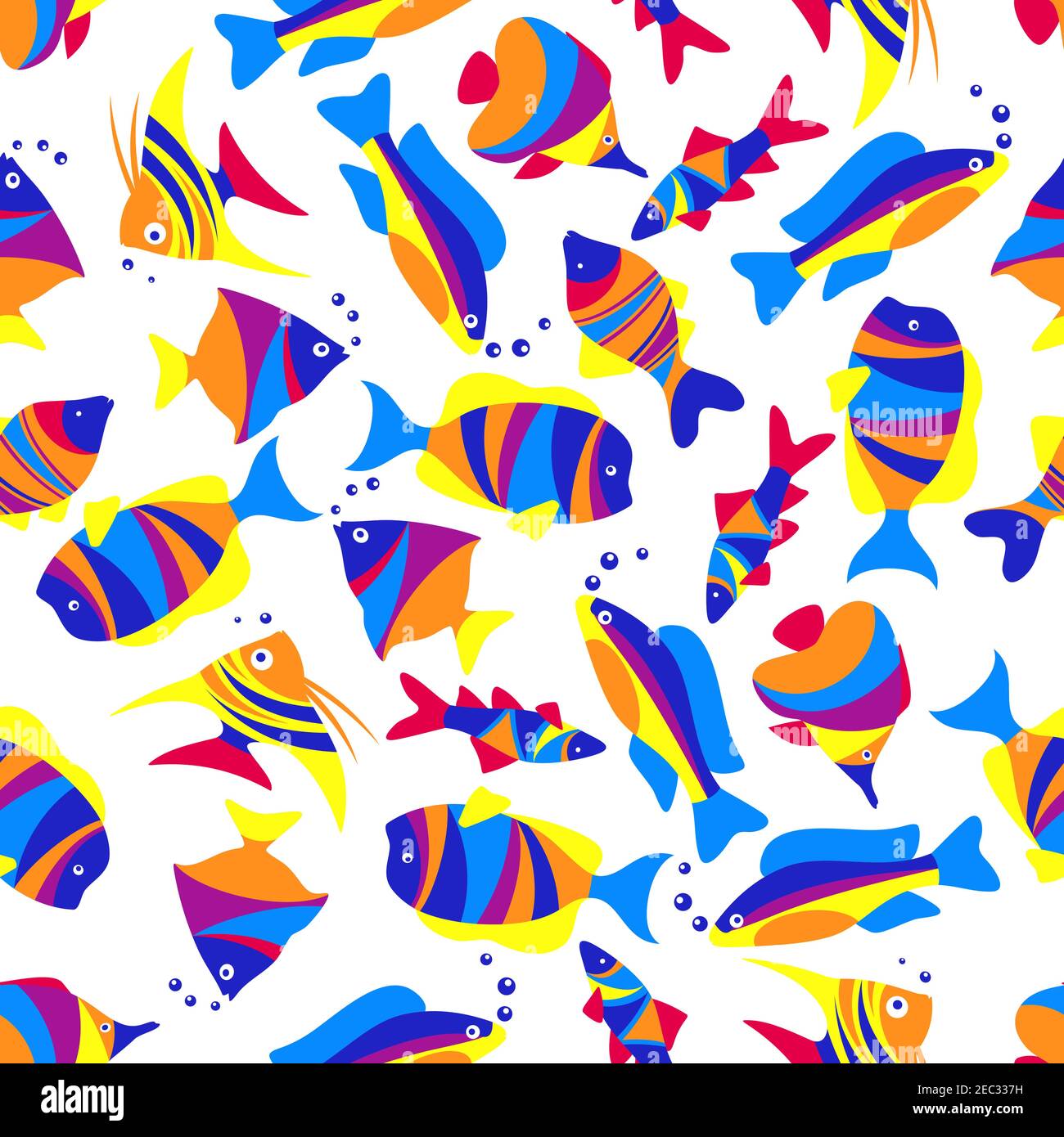 Bright seamless tropical sea life pattern of swimming exotic fishes with colorful striped bodies, tails and fins over white background. Great for unde Stock Vector