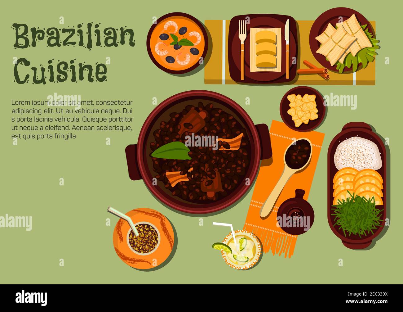 National traditional brazilian black bean stew feijoada icon with bacon and sausages served with rice and orange fruits, shrimp stew vatapa with olive Stock Vector