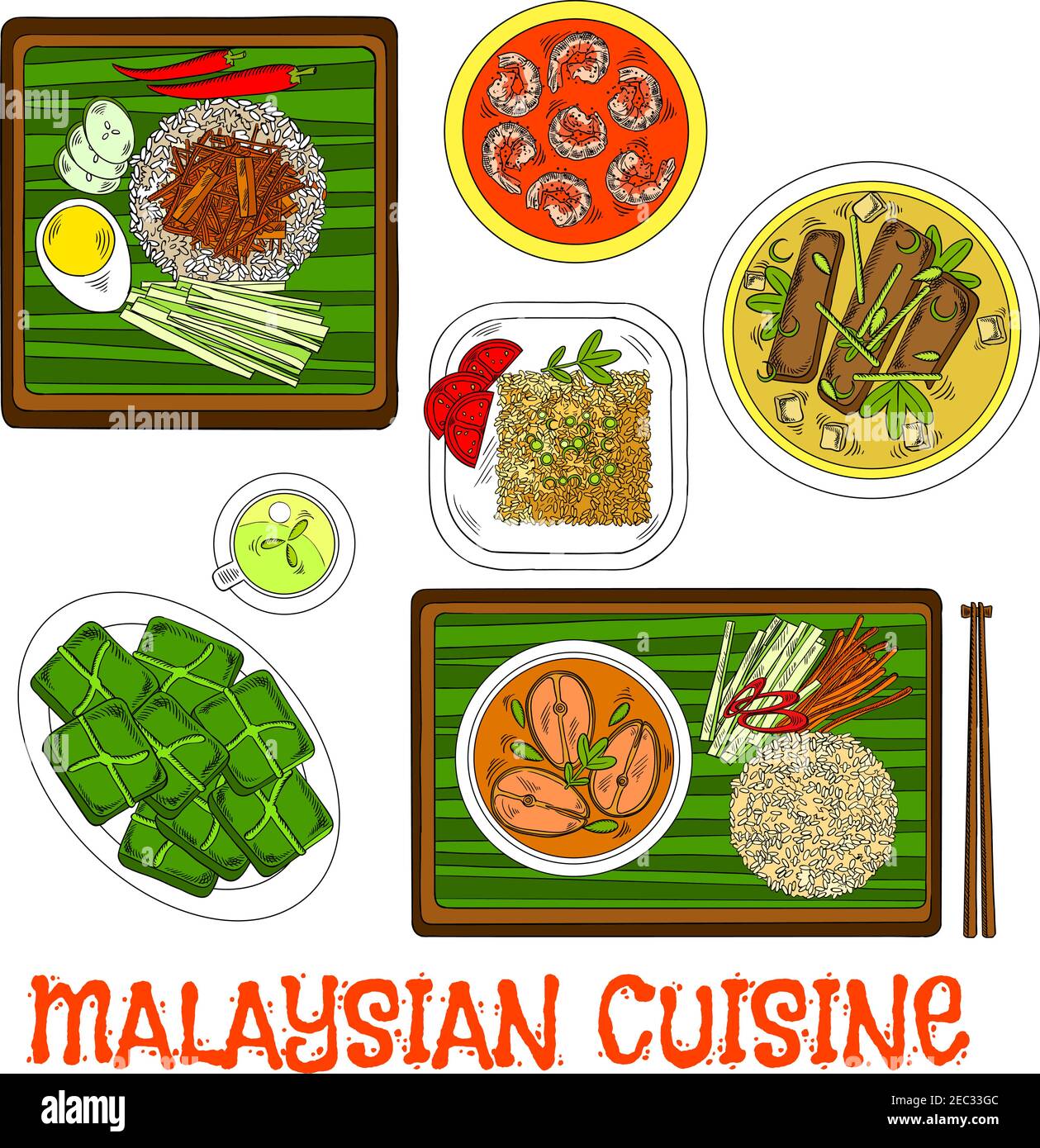 National malaysian rice dish nasi lemak sketch icon served on banana leaf with lamb stew and vegetables, pork bone soup and fish curry with fried rice Stock Vector