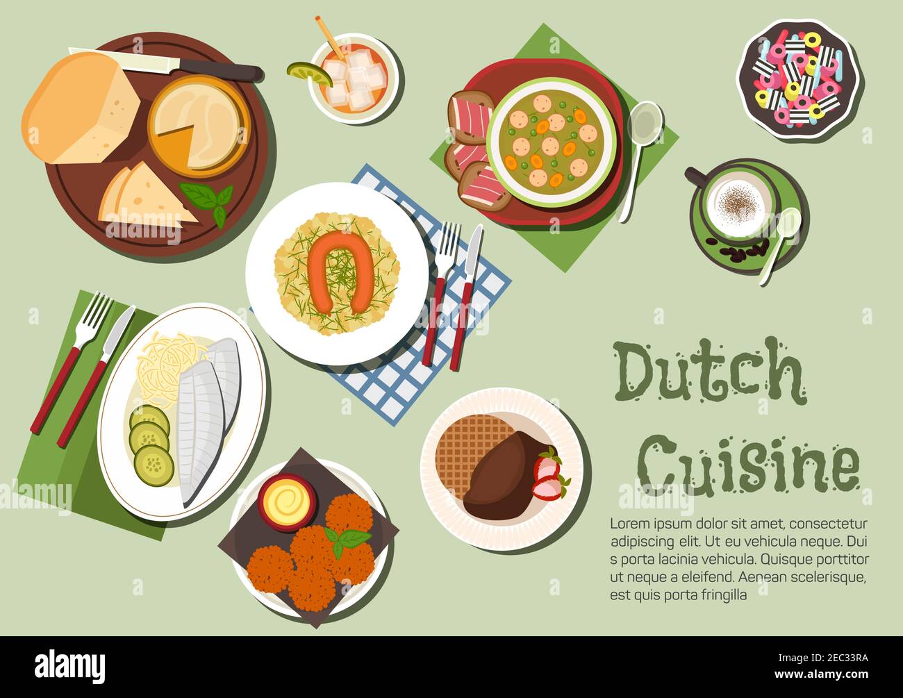 Native dishes of dutch cuisine icon with flat symbols of cheese platter, pea and smoked sausage soup, potato stamppot topped with rookworst and pickle Stock Vector
