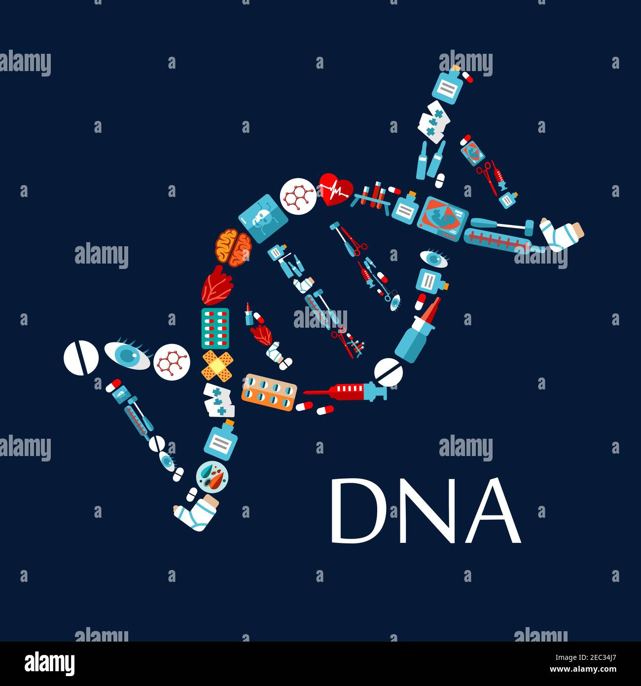 Model of DNA helix icon composed of medical tools and instruments, medicine bottles and pills, syringes and test tubes, hearts, brain and eyes, x ray Stock Vector