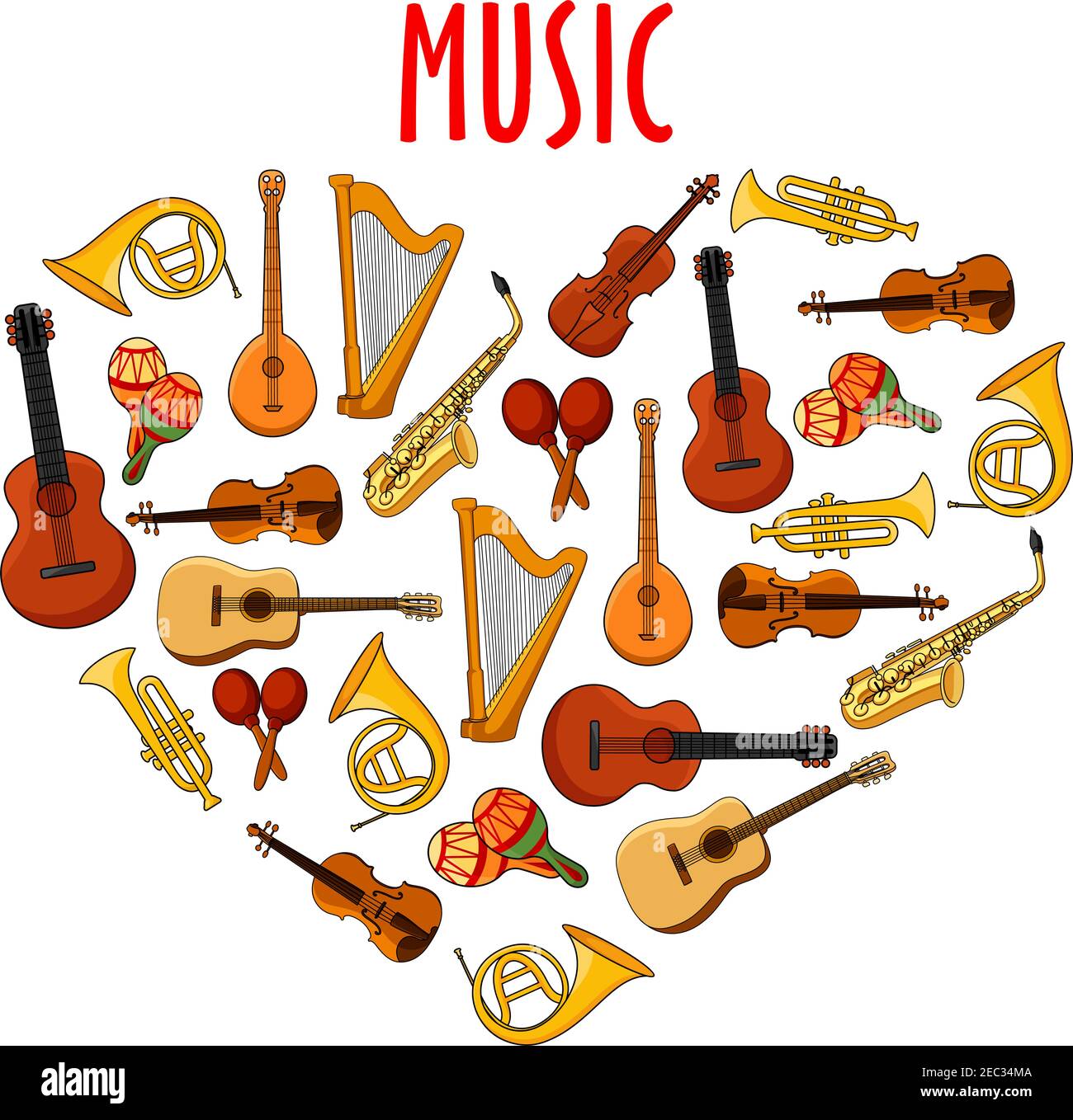 Cartoon musical instruments arranged into heart symbol with acoustic