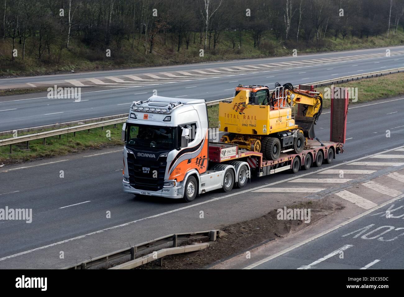 A Total Rail Solutions articulated lorry on the M40 motorway, Warwickshire, UK Stock Photo
