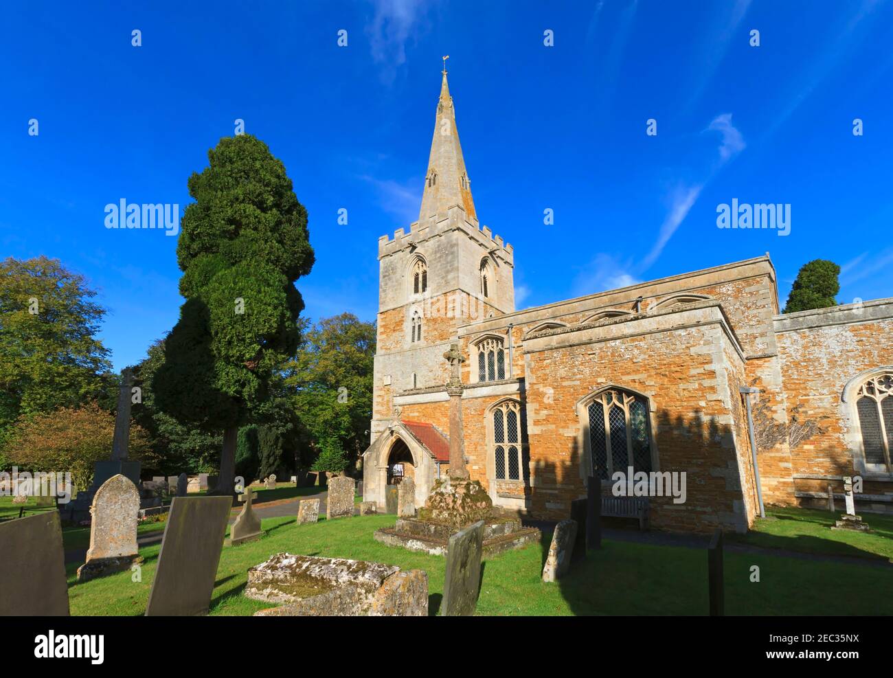 St Peter's Church, Wymondham, Leicestershire. Historic church in perpendicular style with a 13th century spire. Stock Photo