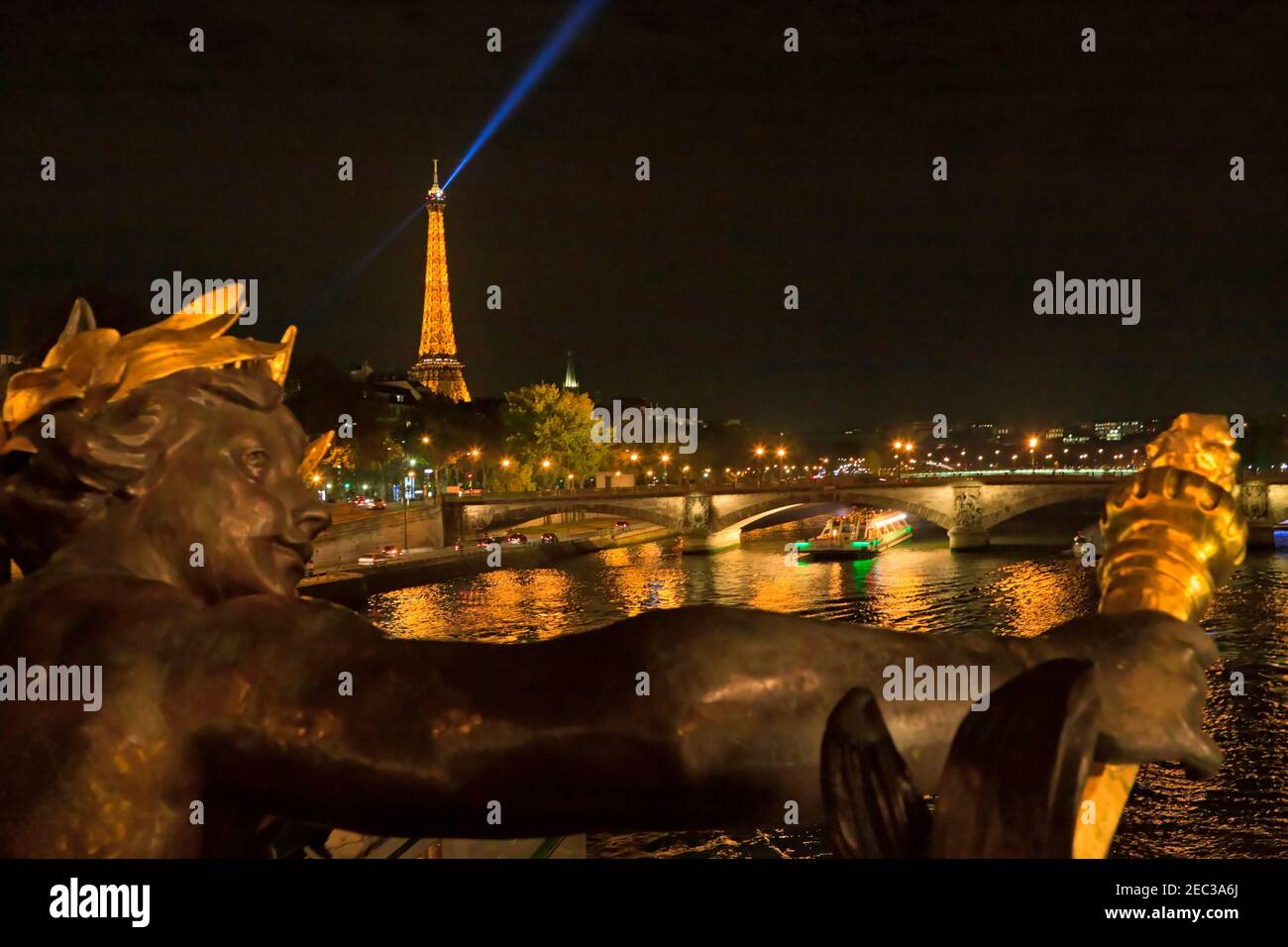 Eiffel Tower and the Seine River from Pont Alexandre III at night, Paris, France Stock Photo