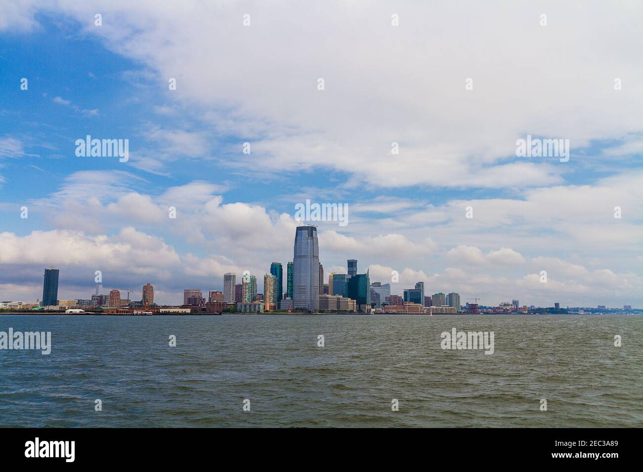 The view of the New York cityscape taken from the ferry on a cloudy day Stock Photo