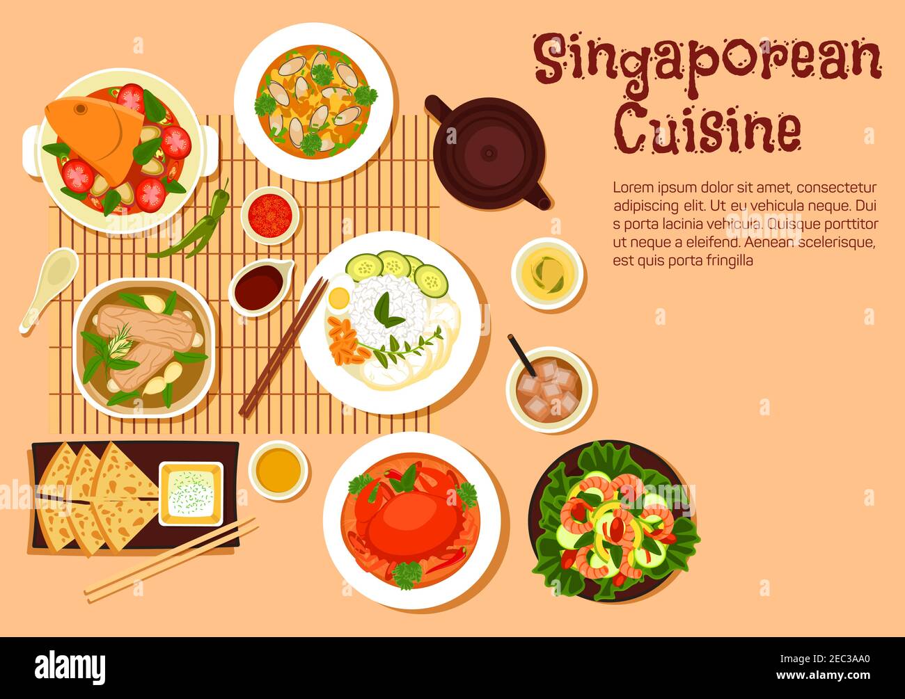 Popular singaporean seafood dishes flat symbol with chilli crab and nasi lemak rice, flatbread roti prata served with tartar sauce, fish head and muss Stock Vector