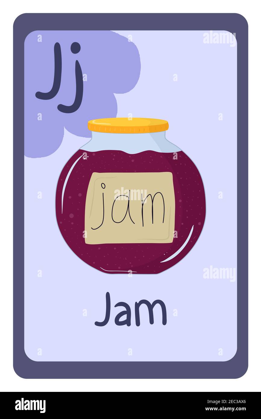 Abc food education flash card, Letter J - jam. Cartoon design template with colorful alphabet education card. Collection on violet backdrop. Stock Vector