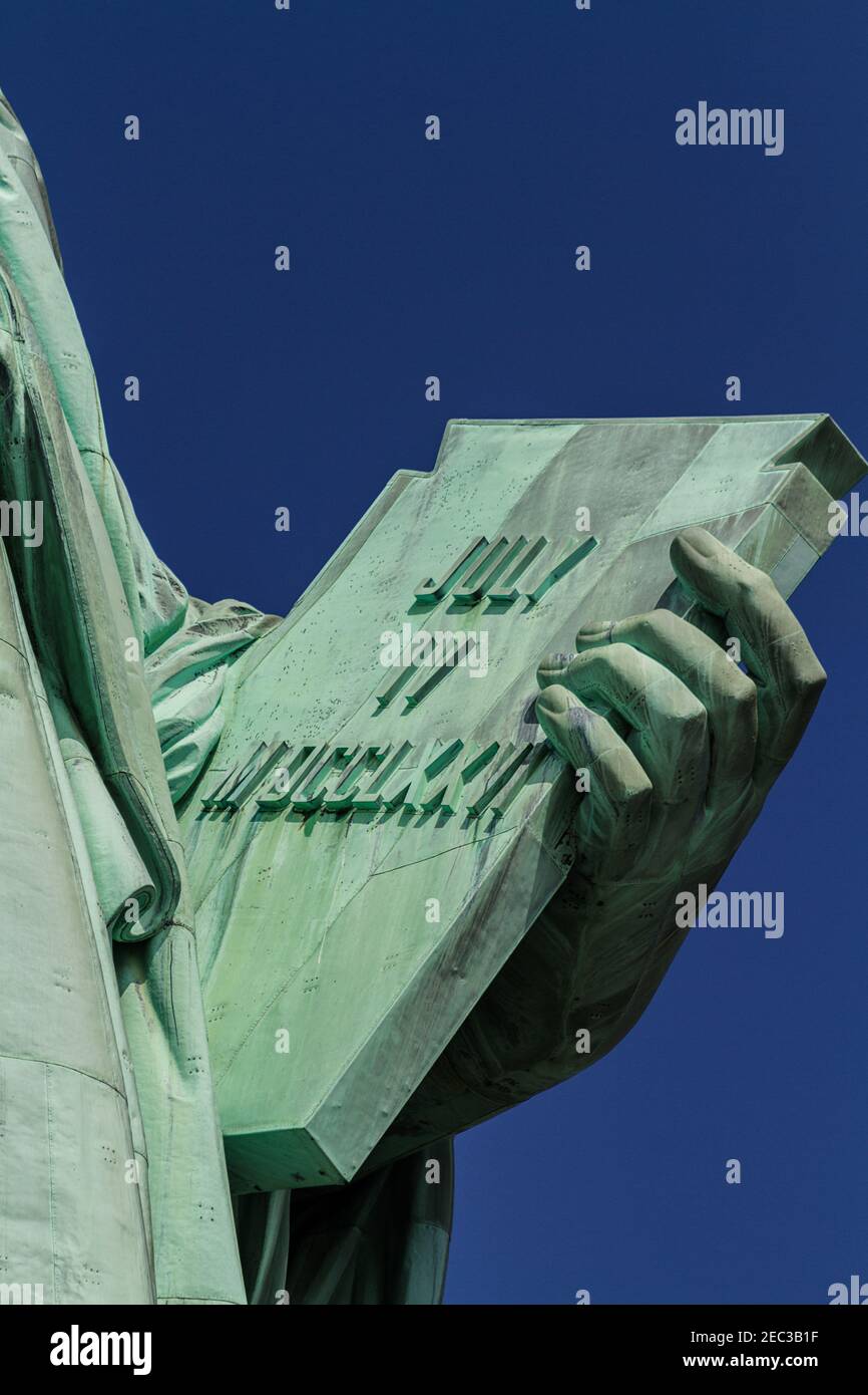 Detail of the tabula ansata held by the hand of the Statue of Liberty