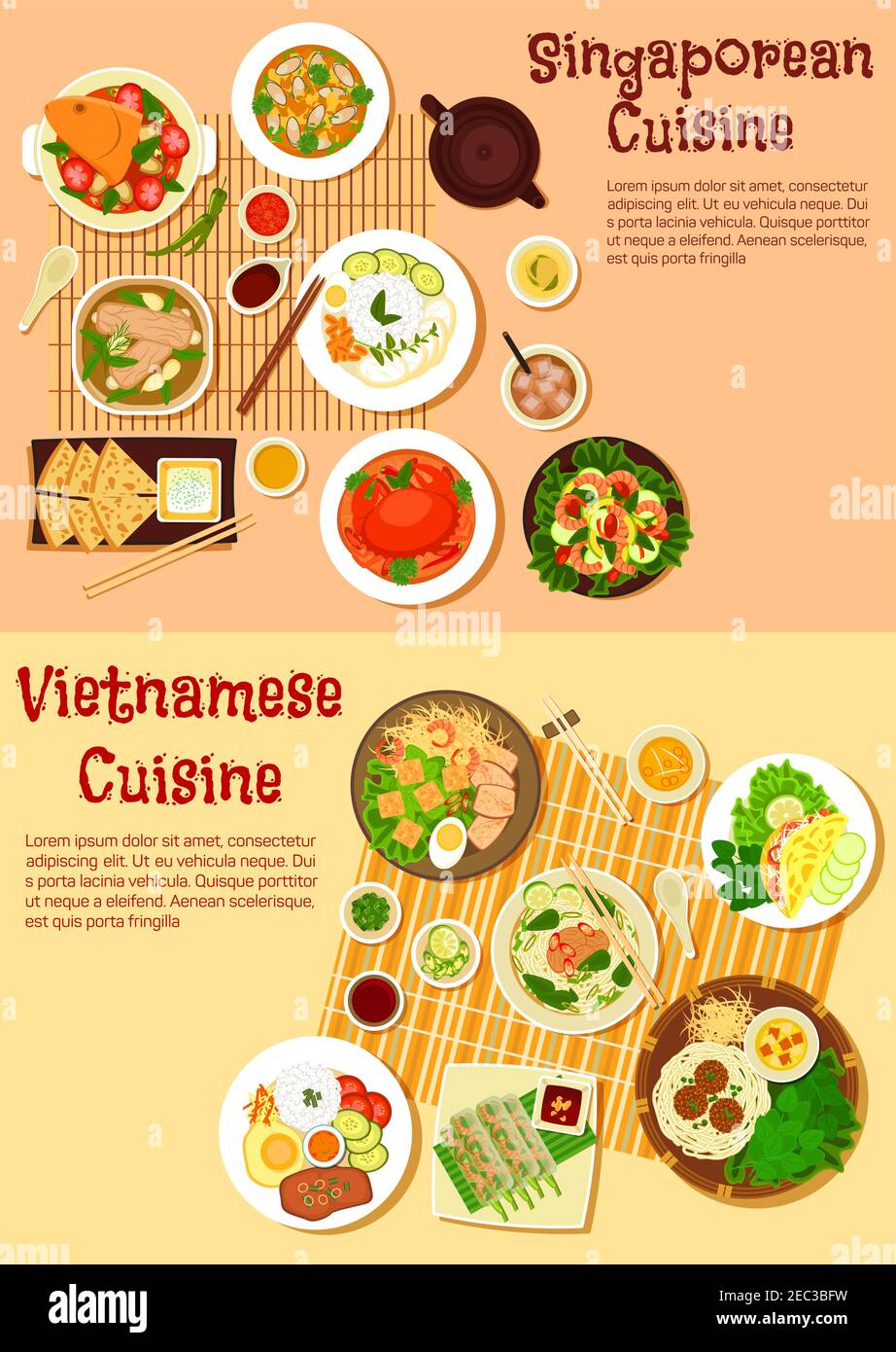 Asian cuisine icon with flat symbols of vietnamese spring rolls and singaporean chilli crab, seafood curries and meat soups, shrimp salad and nasi lem Stock Vector